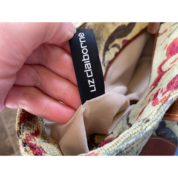 Vintage 90s Liz Claiborne Floral Tapestry Mini Tote Bag Brown Leather Heritage - Picture 5 of 6